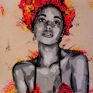 Streetart d'une femme noire avec des fleurs oranges sur la tête - France  - collection de photos clin d'oeil, catégorie streetart